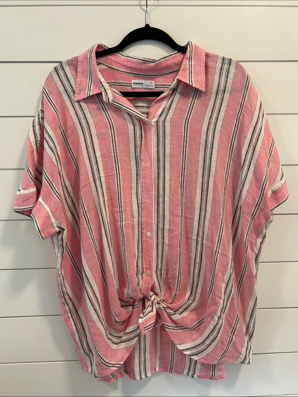 Sonoma Pink Cream Striped Tie-Front Button-Up Shirt